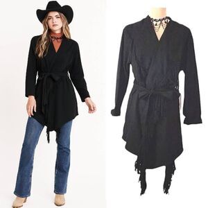 Y2K Black Western Chic Front Fringe Waterfall Belted Midi Jacket Small NWT